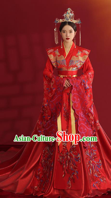 China Ancient Empress Embroidered Red Dress Traditional Wedding Bride Hanfu Costumes