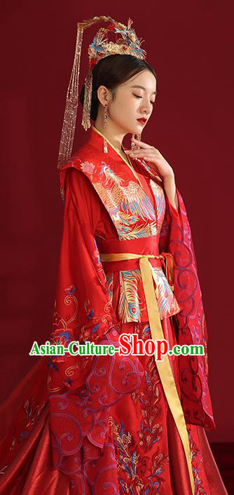 China Ancient Empress Embroidered Red Dress Traditional Wedding Bride Hanfu Costumes