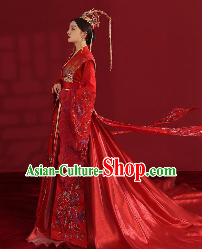 China Ancient Empress Embroidered Red Dress Traditional Wedding Bride Hanfu Costumes