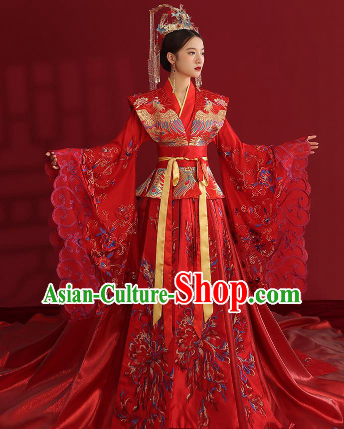 China Ancient Empress Embroidered Red Dress Traditional Wedding Bride Hanfu Costumes