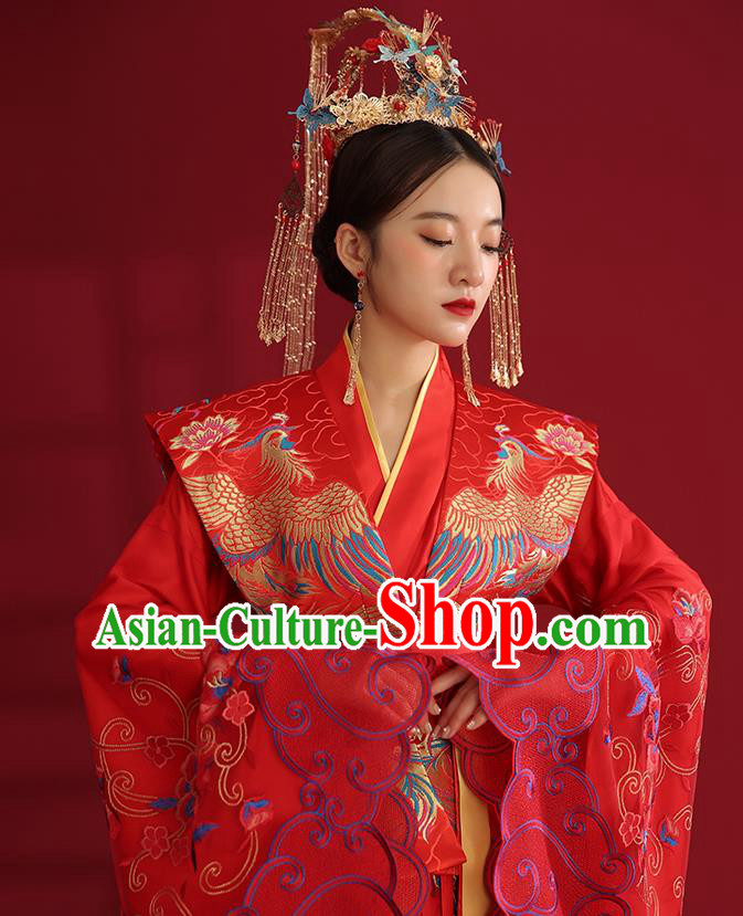 China Ancient Empress Embroidered Red Dress Traditional Wedding Bride Hanfu Costumes