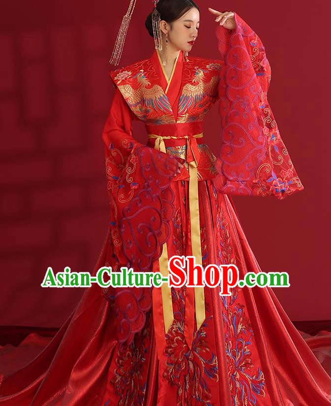 China Ancient Empress Embroidered Red Dress Traditional Wedding Bride Hanfu Costumes