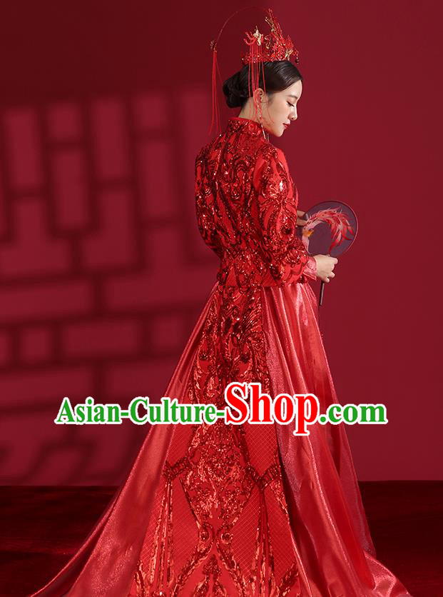 China Traditional Wedding Red Xiuhe Suit Costumes Bride Toast Embroidered Dress