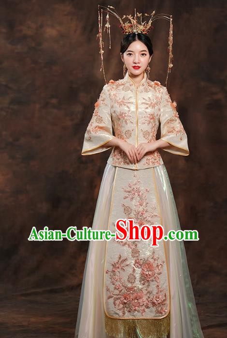 China Ancient Bride Costumes Toast Dress Traditional Wedding Champagne Xiuhe Suits