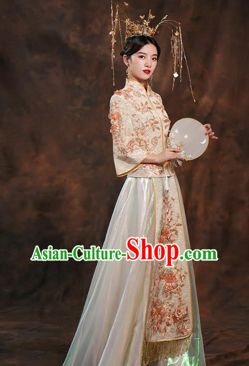 China Ancient Bride Costumes Toast Dress Traditional Wedding Champagne Xiuhe Suits