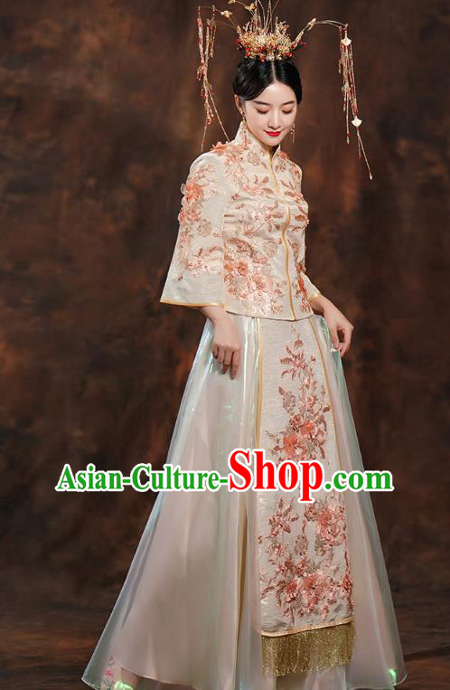 China Ancient Bride Costumes Toast Dress Traditional Wedding Champagne Xiuhe Suits