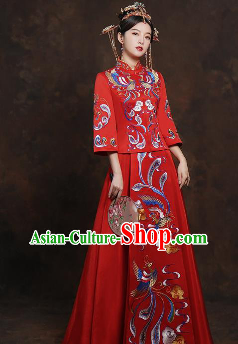 China Classical Bride Costumes Toast Embroidered Dress Traditional Wedding Red Xiuhe Suits