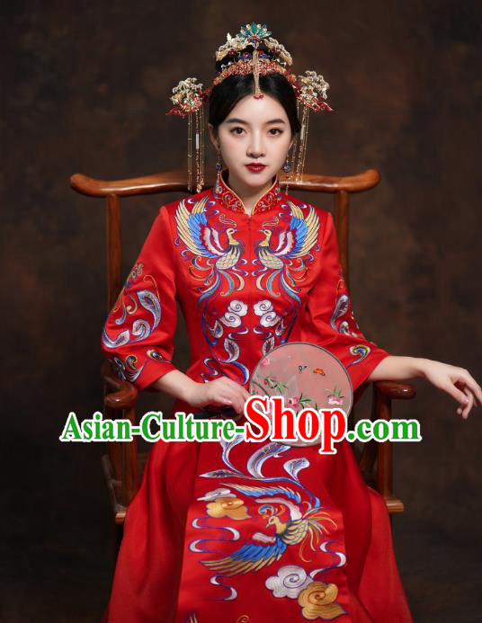 China Classical Bride Costumes Toast Embroidered Dress Traditional Wedding Red Xiuhe Suits