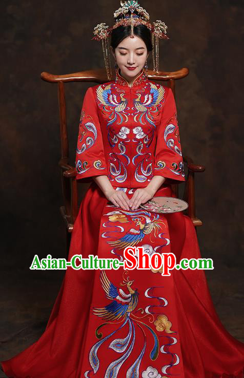China Classical Bride Costumes Toast Embroidered Dress Traditional Wedding Red Xiuhe Suits