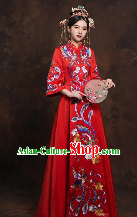 China Classical Bride Costumes Toast Embroidered Dress Traditional Wedding Red Xiuhe Suits