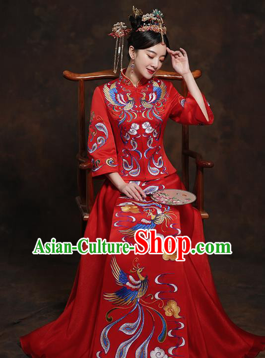 China Classical Bride Costumes Toast Embroidered Dress Traditional Wedding Red Xiuhe Suits