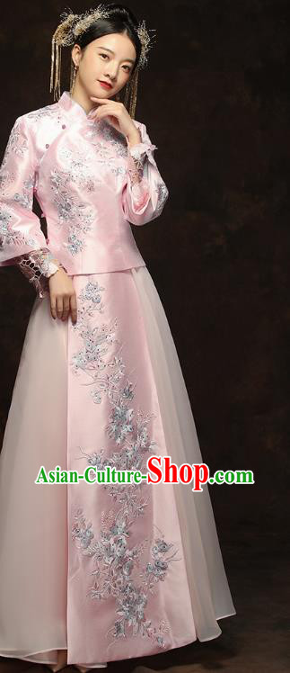 China Traditional Toast Embroidered Pink Dress Wedding Xiuhe Suits Classical Bride Costumes