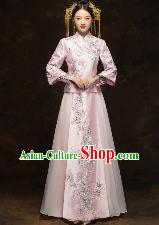 China Traditional Toast Embroidered Pink Dress Wedding Xiuhe Suits Classical Bride Costumes