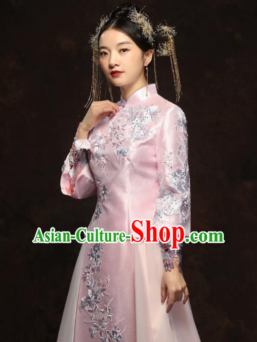 China Traditional Toast Embroidered Pink Dress Wedding Xiuhe Suits Classical Bride Costumes