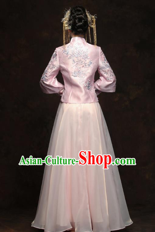 China Traditional Toast Embroidered Pink Dress Wedding Xiuhe Suits Classical Bride Costumes