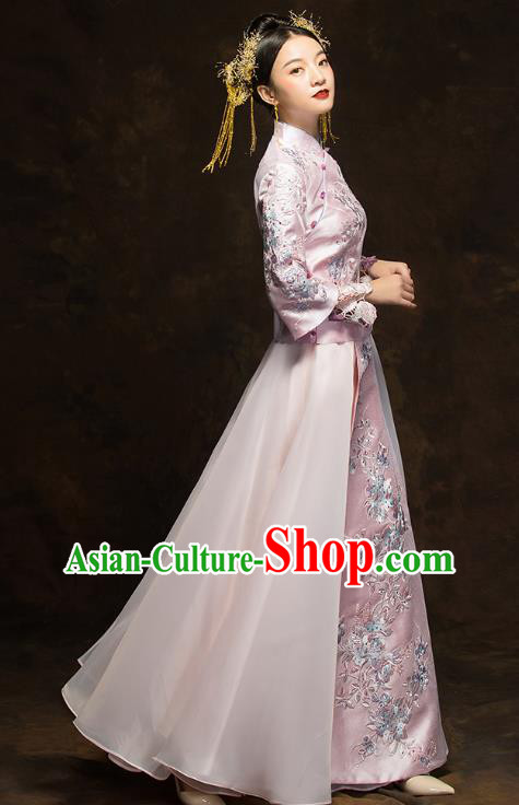 China Traditional Toast Embroidered Pink Dress Wedding Xiuhe Suits Classical Bride Costumes