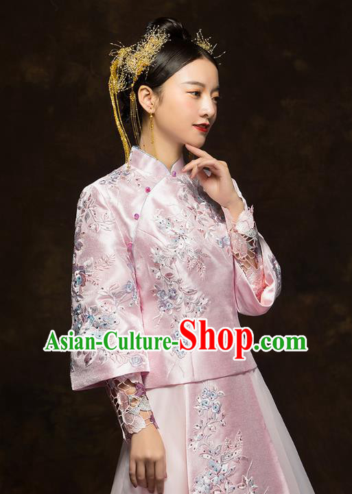 China Traditional Toast Embroidered Pink Dress Wedding Xiuhe Suits Classical Bride Costumes