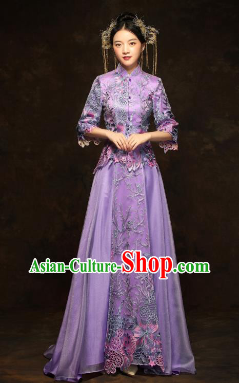 China Classical Bride Costumes Traditional Toast Embroidered Purple Dress Wedding Xiuhe Suits