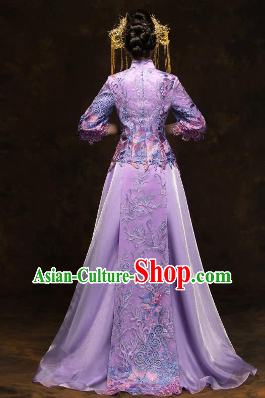 China Classical Bride Costumes Traditional Toast Embroidered Purple Dress Wedding Xiuhe Suits