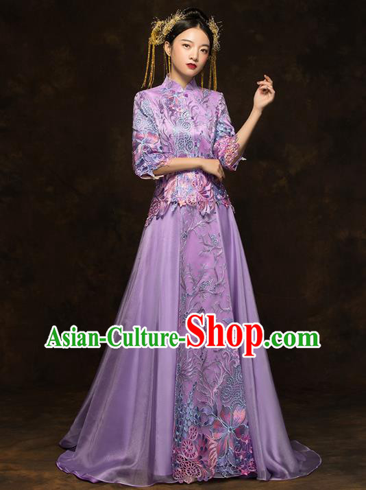 China Classical Bride Costumes Traditional Toast Embroidered Purple Dress Wedding Xiuhe Suits