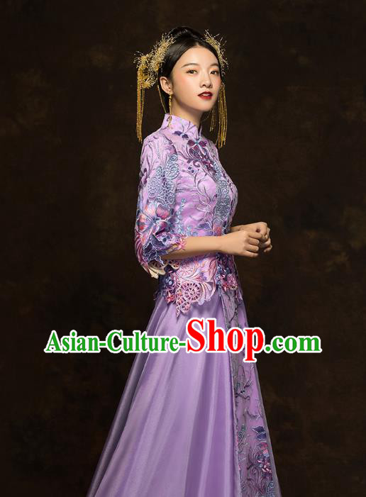 China Classical Bride Costumes Traditional Toast Embroidered Purple Dress Wedding Xiuhe Suits