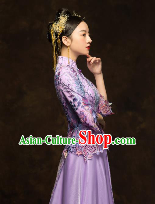 China Classical Bride Costumes Traditional Toast Embroidered Purple Dress Wedding Xiuhe Suits