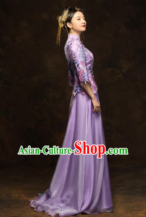 China Classical Bride Costumes Traditional Toast Embroidered Purple Dress Wedding Xiuhe Suits