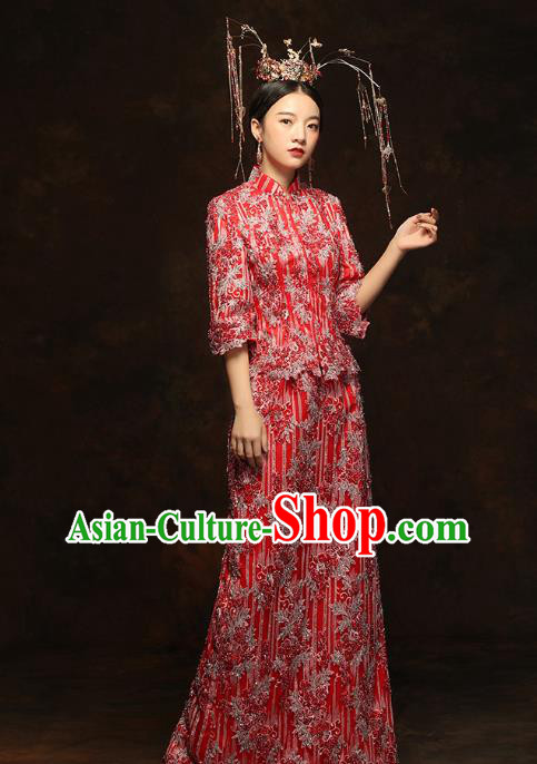 China Wedding Red Xiuhe Suits Classical Bride Costumes Traditional Toast Embroidered Slim Dress