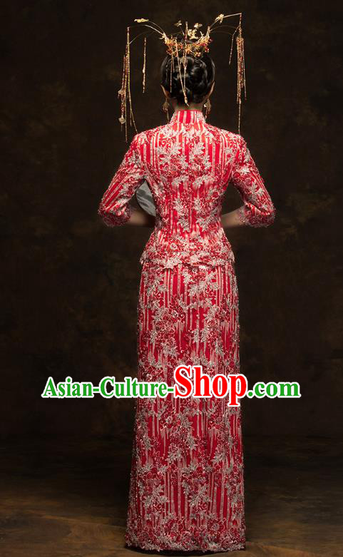 China Wedding Red Xiuhe Suits Classical Bride Costumes Traditional Toast Embroidered Slim Dress
