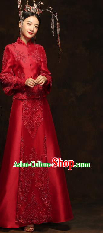 China Traditional Embroidery Beads Toast Dress Wedding Red Xiuhe Suits Classical Bride Costumes