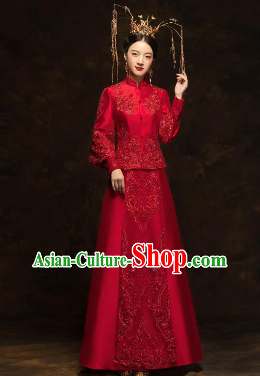 China Traditional Embroidery Beads Toast Dress Wedding Red Xiuhe Suits Classical Bride Costumes