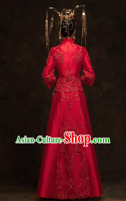 China Traditional Embroidery Beads Toast Dress Wedding Red Xiuhe Suits Classical Bride Costumes