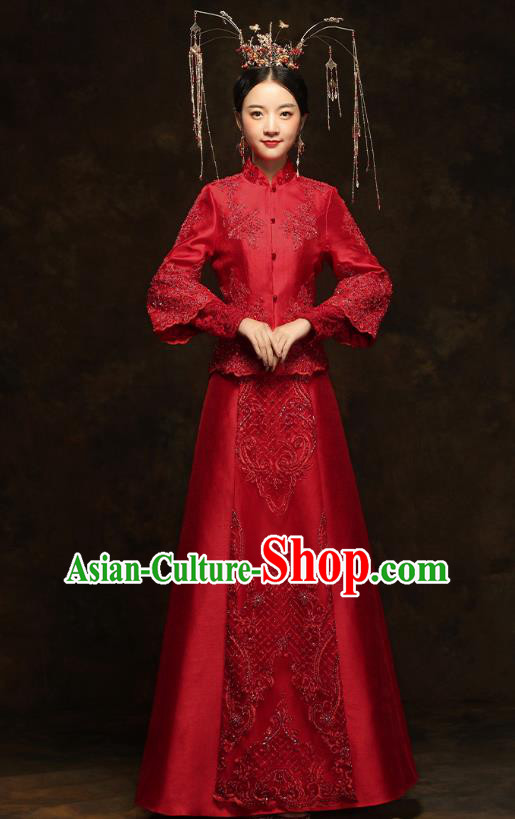 China Traditional Embroidery Beads Toast Dress Wedding Red Xiuhe Suits Classical Bride Costumes