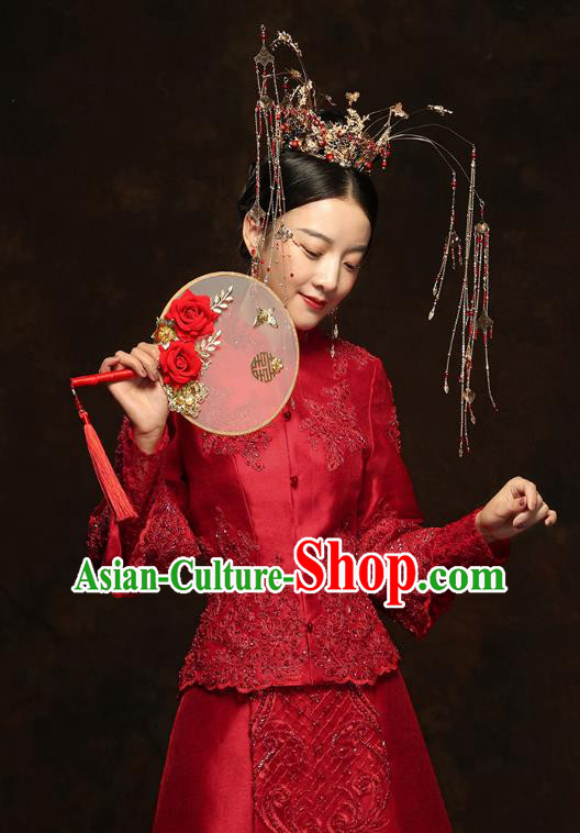China Traditional Embroidery Beads Toast Dress Wedding Red Xiuhe Suits Classical Bride Costumes