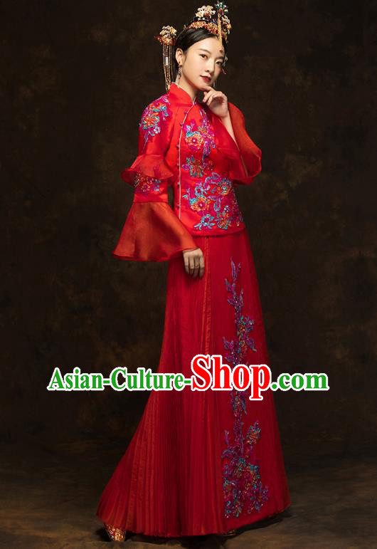China Classical Bride Drilling Costumes Traditional Embroidery Toast Dress Wedding Red Xiuhe Suits