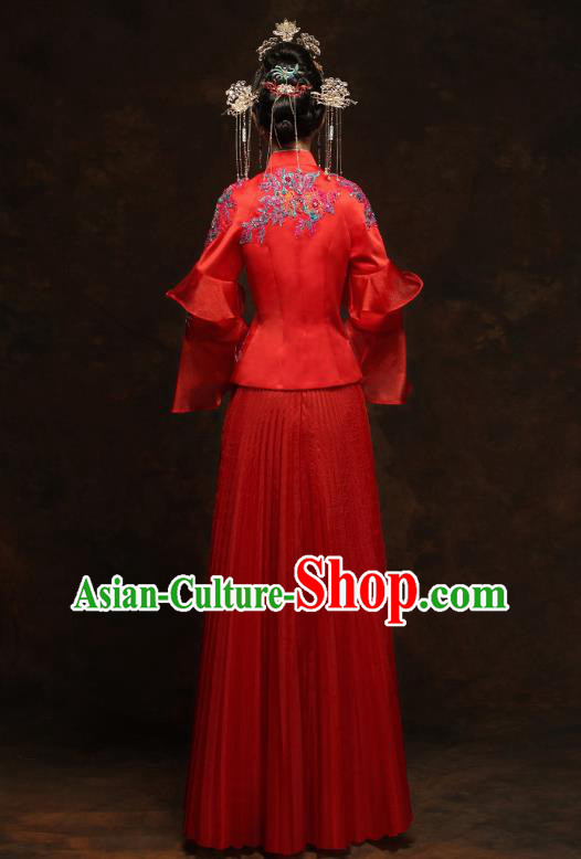 China Classical Bride Drilling Costumes Traditional Embroidery Toast Dress Wedding Red Xiuhe Suits