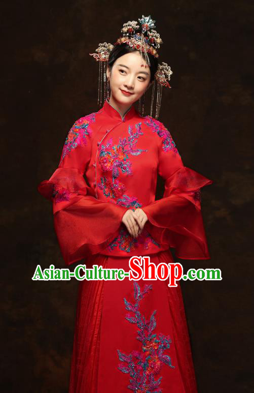 China Classical Bride Drilling Costumes Traditional Embroidery Toast Dress Wedding Red Xiuhe Suits