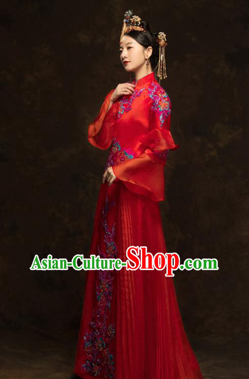 China Classical Bride Drilling Costumes Traditional Embroidery Toast Dress Wedding Red Xiuhe Suits