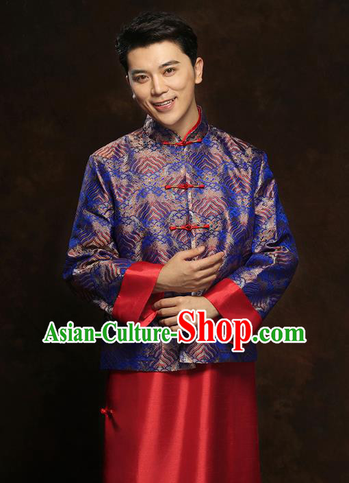 Chinese Traditional Royalblue Mandarin Jacket and Red Long Robe Wedding Bridegroom Tang Suit Costumes