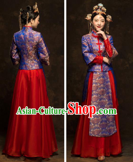 China Classical Wedding Xiuhe Suits Traditional Bride Costumes Royalblue Blouse and Red Skirt