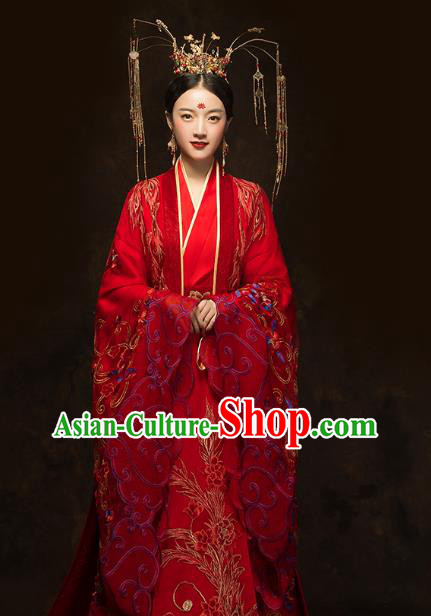 China Ancient Queen Red Hanfu Dress Classical Wedding Xiuhe Suits Traditional Bride Embroidered Costumes