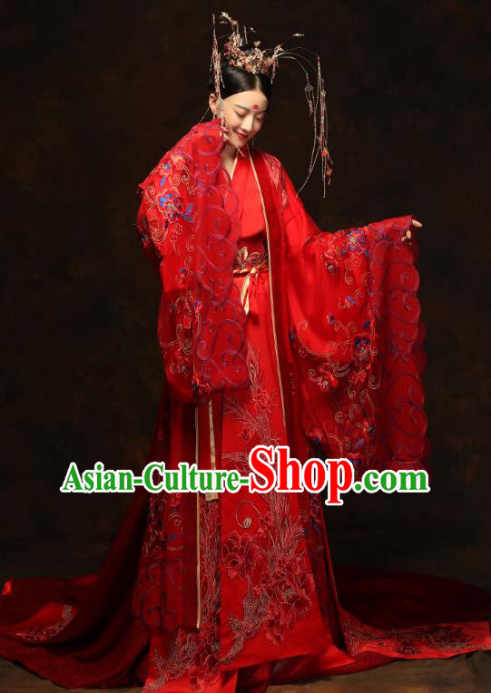 China Ancient Queen Red Hanfu Dress Classical Wedding Xiuhe Suits Traditional Bride Embroidered Costumes