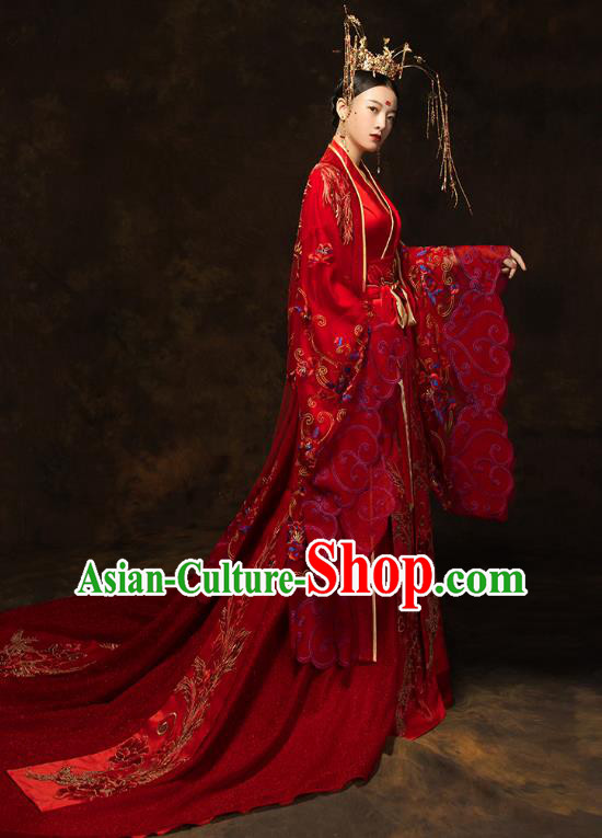China Ancient Queen Red Hanfu Dress Classical Wedding Xiuhe Suits Traditional Bride Embroidered Costumes