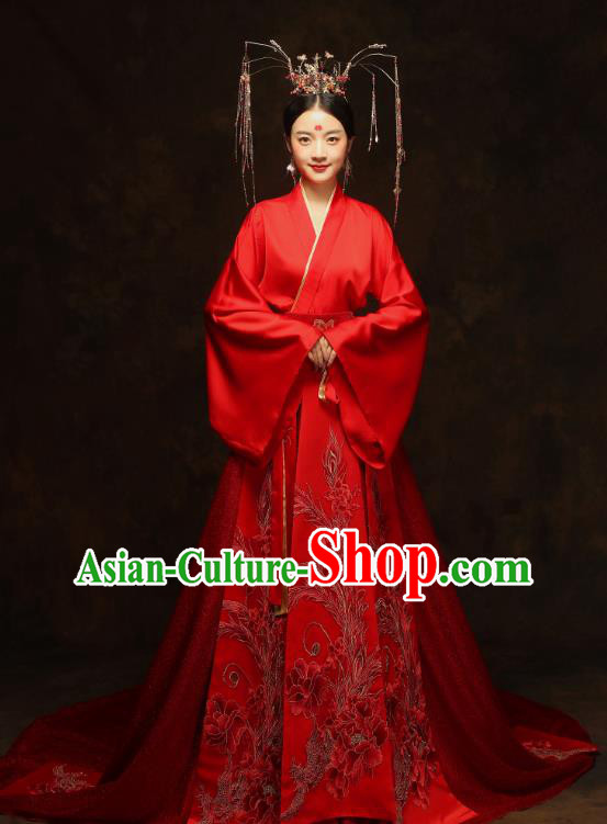 China Ancient Queen Red Hanfu Dress Classical Wedding Xiuhe Suits Traditional Bride Embroidered Costumes