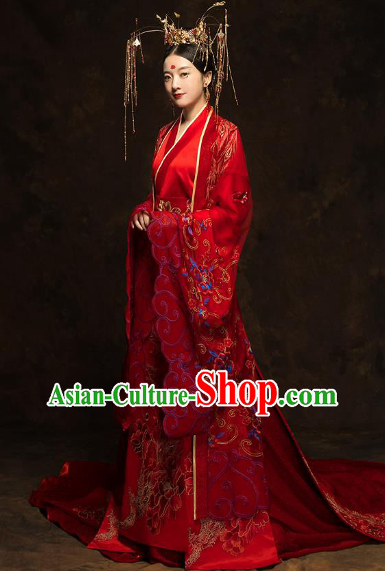 China Ancient Queen Red Hanfu Dress Classical Wedding Xiuhe Suits Traditional Bride Embroidered Costumes