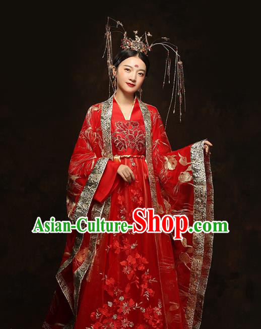 China Traditional Bride Embroidered Costumes Ancient Empress Red Hanfu Dress Classical Wedding Xiuhe Suits