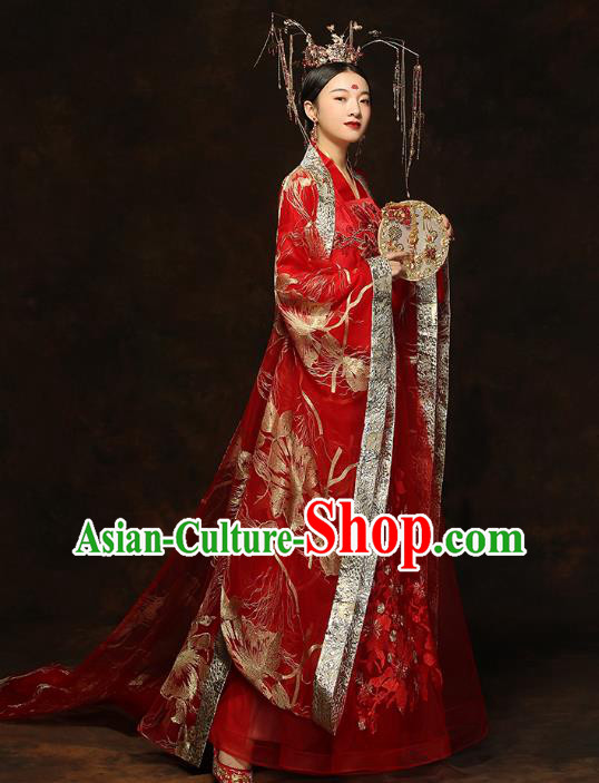China Traditional Bride Embroidered Costumes Ancient Empress Red Hanfu Dress Classical Wedding Xiuhe Suits