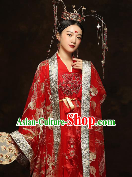 China Traditional Bride Embroidered Costumes Ancient Empress Red Hanfu Dress Classical Wedding Xiuhe Suits