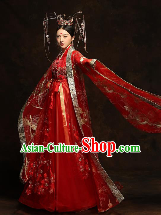 China Traditional Bride Embroidered Costumes Ancient Empress Red Hanfu Dress Classical Wedding Xiuhe Suits