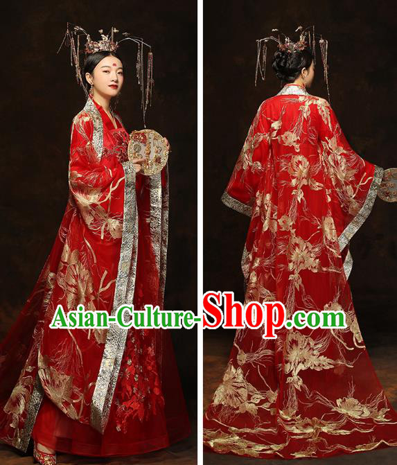 China Traditional Bride Embroidered Costumes Ancient Empress Red Hanfu Dress Classical Wedding Xiuhe Suits